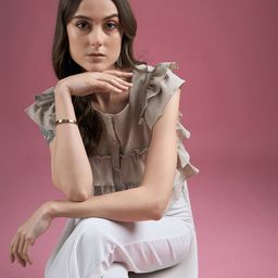 DressBerry Beige Flutter Sleeve Ruffles Top-image-59