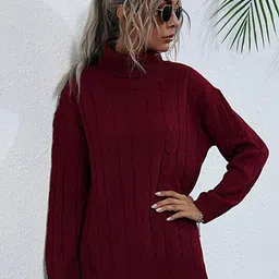 StyleCast Red Cable Knit Self Design Turtle Neck Pullover Sweater-36