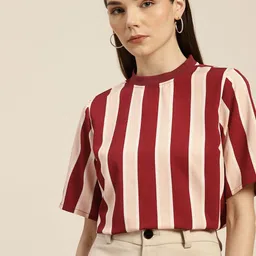 her by invictus Women Peach-Coloured & Maroon Striped Top-12