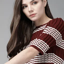 The Roadster Lifestyle Co Maroon & White Striped Fitted Top-picture-43