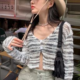 StyleCast Girls White Horizontal Stripes V-Neck Long Sleeves Regular Crop Top-image-26