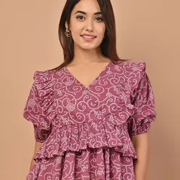 PUKHYA Ethnic Motifs Printed V-Neck Ruffles Tiered Top-image-9