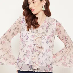 Bitterlime Women Off White & Pink Floral Print Georgette Top-47