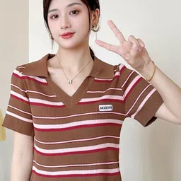 StyleCast Brown Striped Polo Collar Top-image-23