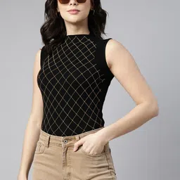 SHOWOFF Checked High Neck Studded Regular Top-image-46