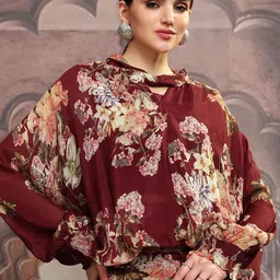 Vishudh Maroon Floral Printed V-Neck Cuffed Sleeves Top & Flared Trousers-image-38
