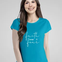 Pootlu Womens Turquoise Blue Faith Over Fear Premium Cotton Printed T-shirt-image-4