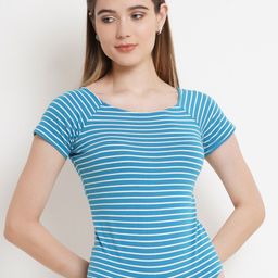 Purple State Women Blue Striped Slim Fit T-shirt-image-17