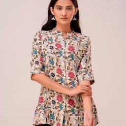 HERE&NOW Beige Floral Printed Mandarin Collar Tunic-picture-44