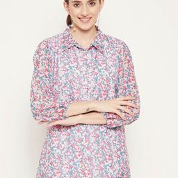 Bitterlime White & Pink Shirt Collar Printed Tunic-45