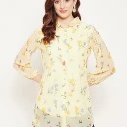 Bitterlime Yellow & Red Shirt Collar Printed Tunic-picture-21