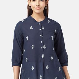 AKKRITI BY PANTALOONS Mandarin Collar Embroidered Cotton Tunic-picture-16