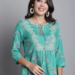 Cantabil Floral Printed Embroidered Tie Up Neck Tunic-image-33