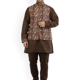 Exotic India Nutmeg Brown Three Piece Kurta Pajama Set with Digital Printed Waistcoat-picture-21