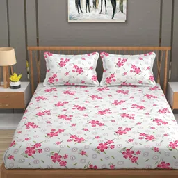 RIDHAAN White & Pink Floral Printed 220 TC Queen Bedsheet with 2 Pillow Covers-picture-48