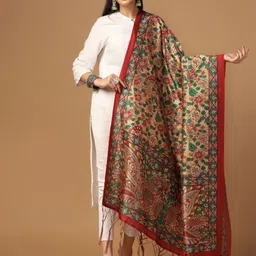 Kaizen TEXO FAB Printed Kalamkari Tasselled Silk Dupatta with Thread Work-picture-12
