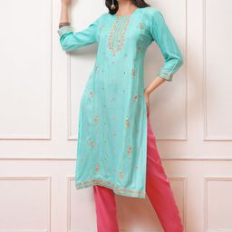 Vishudh Ethnic Motifs Embroidered Round Neck Thread Work Straight Kurta-picture-4
