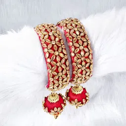 Peora Red Gold-Plated Set of 2 Handcrafted Silk Thread Kundan Studded Bangles-27