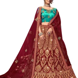 MANVAA Maroon & Gold-Toned Embroidered Thread Work Semi-Stitched Lehenga & Unstitched Blouse With Dupatta-37