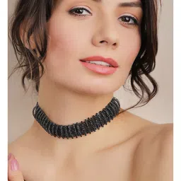 Rubans Rhodium Plated Black Oxidized Rhinestone Studded Statement Choker Necklace-23
