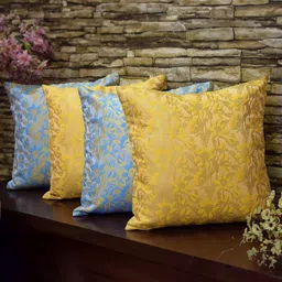 RoyalDeco Bageecha Blue & Yellow 4 Pieces Ethnic Motifs Brocade Silk Square Cushion Covers-image-88