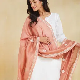 Fabindia Floral Embroidered Cotton Silk Dupatta With Chikankari-picture-12
