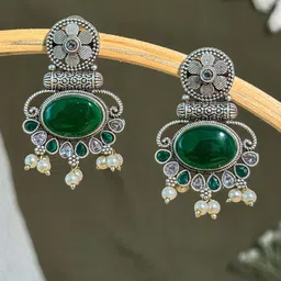 NAMAN ARTS Silver-Plated Artificial Studded & Beaded Contemporary Drop Earrings-image-62