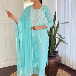 HERE&NOW Floral Embroidered Thread Work Pure Cotton Straight Kurta With Trouser & Dupatta-picture-14