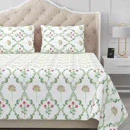 BELLA CASA Off White & Green Ethnic Motifs 180 TC King Bedsheet with 2 Pillow Covers-picture-7