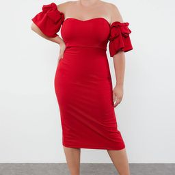Trendyol Off-Shoulder Puff Sleeve Bodycon Midi Dress-image-77