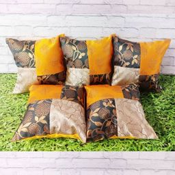 Pink Parrot Yellow & Black Set of 5 Ethnic Motifs Square Cushion Covers-5