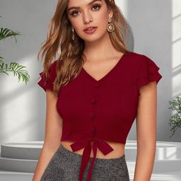 DressBerry Women V-Neck Waist Tie Ups Cape Sleeve Crop Top-image-71