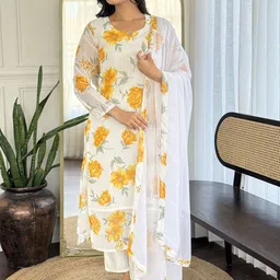 HERE&NOW Women Printed Regular Kurta with Trousers & With Dupatta image 5