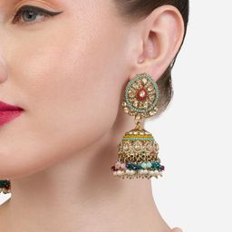 Zaveri Pearls Set Of 2 Gold-Plated Stones & Cluster Beaded Statement Dome Shaped Jhumkas image 5