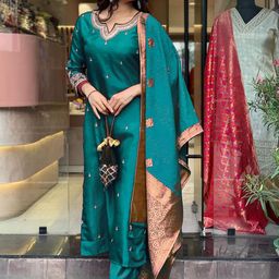 Moda Rapido Floral Embroidered Sequinned Raw Silk Straight Kurta With Trousers & Dupatta-picture-25