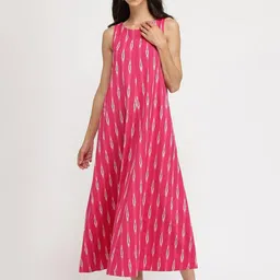 Pink Fort Ikat Printed Cotton A-Line Midi Dress-picture-37