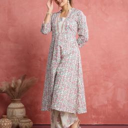 BEYOND ETHNIC Women Floral Printed Cotton Anarkali Kurta with Trousers-picture-56