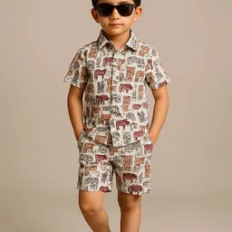 CORD OF LOVE Boys Printed Short Sleeves Pure Cotton Shirt With Shorts-image-70