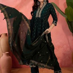 Sangria Bandhani Printed & Flared Kurta, Trousers & Dupatta Set image 4