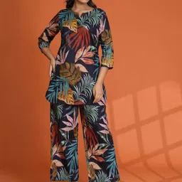 Kaftanize Floral Printed Notch Neck Tunic With Trousers-13