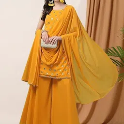 PARROT CREATION Geometric Embroidered Georgette Straight Kurti With Sharara & Dupatta-image-70