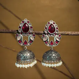 NAMAN ARTS Silver Plated Stones Studded & Beaded Oxidised Dome Shaped Jhumkas-image-80
