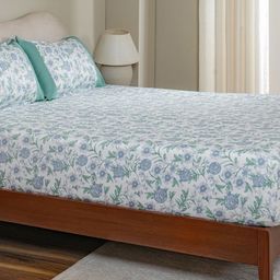 MASPAR Blue Floral Printed Pure Cotton 200 TC Fitted Single Bedsheet Set 1.52 x 2.24 m-image-79
