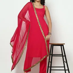 SHOWOFF Floral Woven Design Shoulder Straps Straight Kurta With Trousers & Dupatta-2