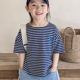 LULU & SKY Girls Cotton Striped Drop-Shoulder Sleeves Round Neck Relaxed Fit T-Shirt-43