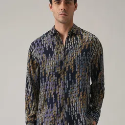Banana Club Men Blue Ethnic Print Feather Shirt-image-98