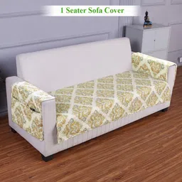 HOKIPO Beige & Off White Printed Polyester 1 Seater Sofa Cover With Arms-3