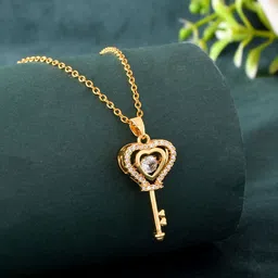 PASU FASHION Unisex Stainless Steel Gold-Plated Stones Studded Key Design Pendant & Chain-image-24