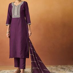 KALINI Ethnic Motifs Embroidered Straight Kurta With Trousers & Dupatta-5