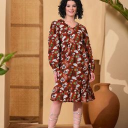 Sangria Women Floral Printed Tiered V-Neck Cuffed Sleeves Cotton Fit and Flare Dress-picture-10
